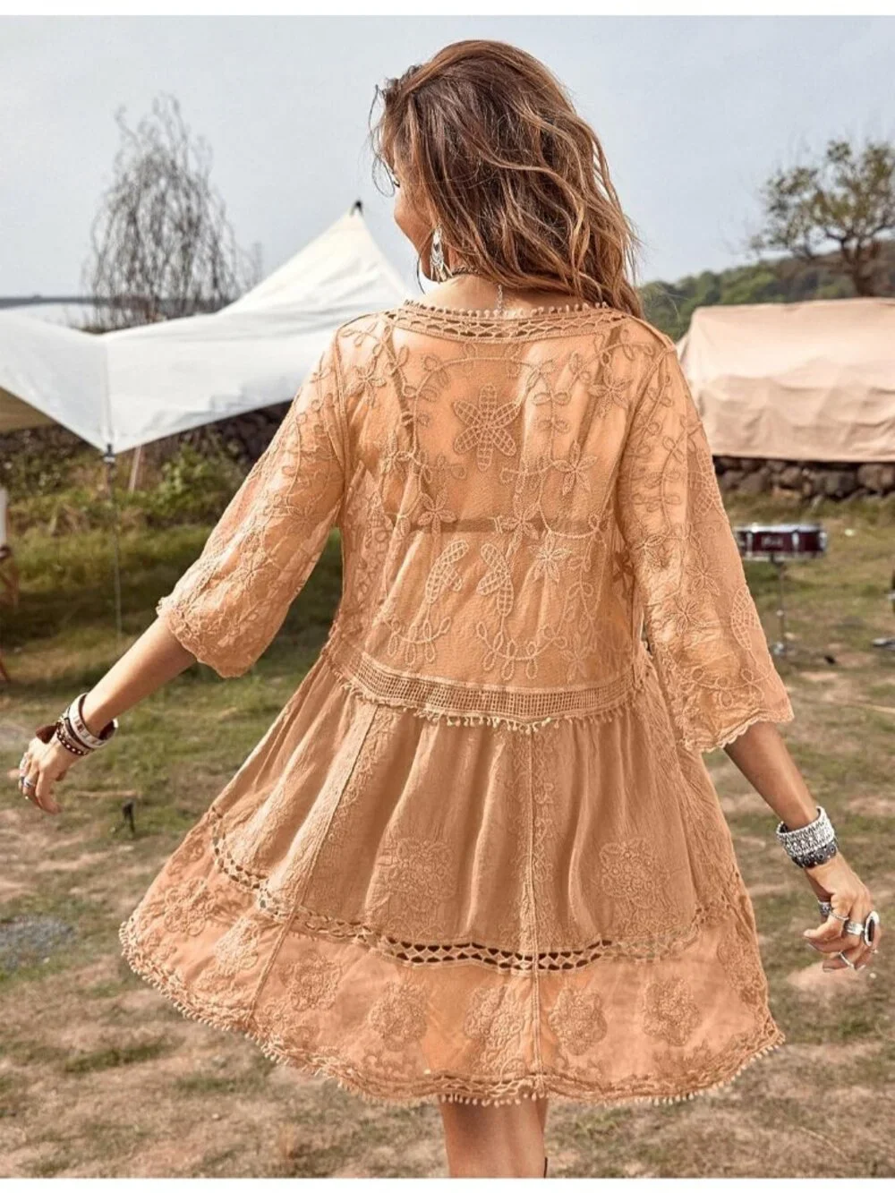 Women Apricot Rayon V-Neck Coverup Sheer Mesh Lace Bathing Suit Swimsuit Coverup
